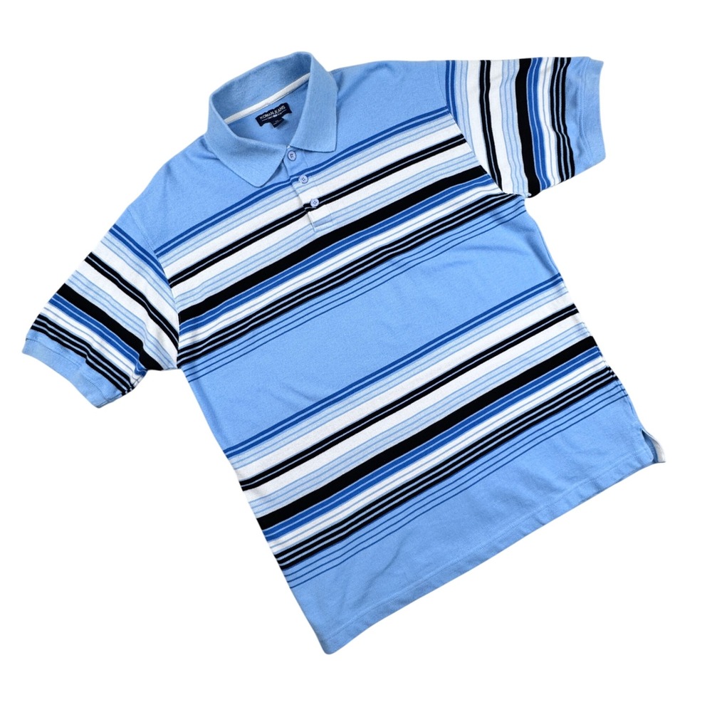 Koman‎ Jeans Mens XL Blue Striped Short Sleeve Casual Golf Polo Shirt Y2K